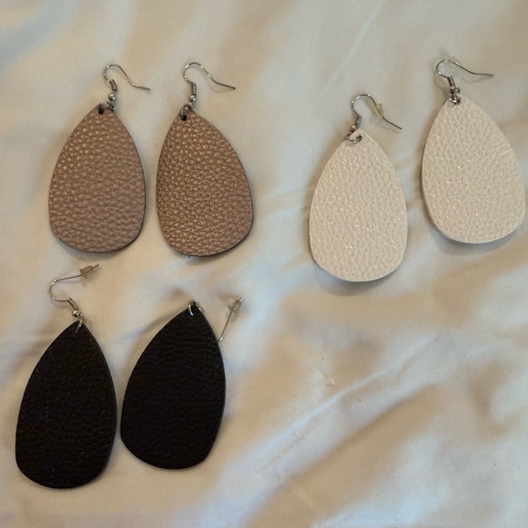 Jewelry - Elegant Leather Leightweight Teardrop Earrings Set 3 pair - Black, White, Bronze